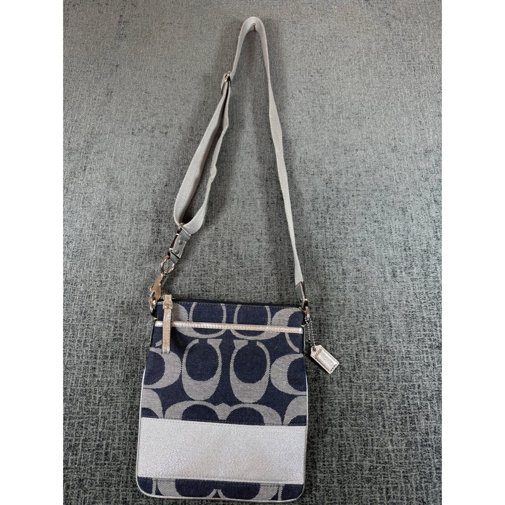 Coach Signature C Navy Canvas Silver Metallic Trim Crossbody File Bag